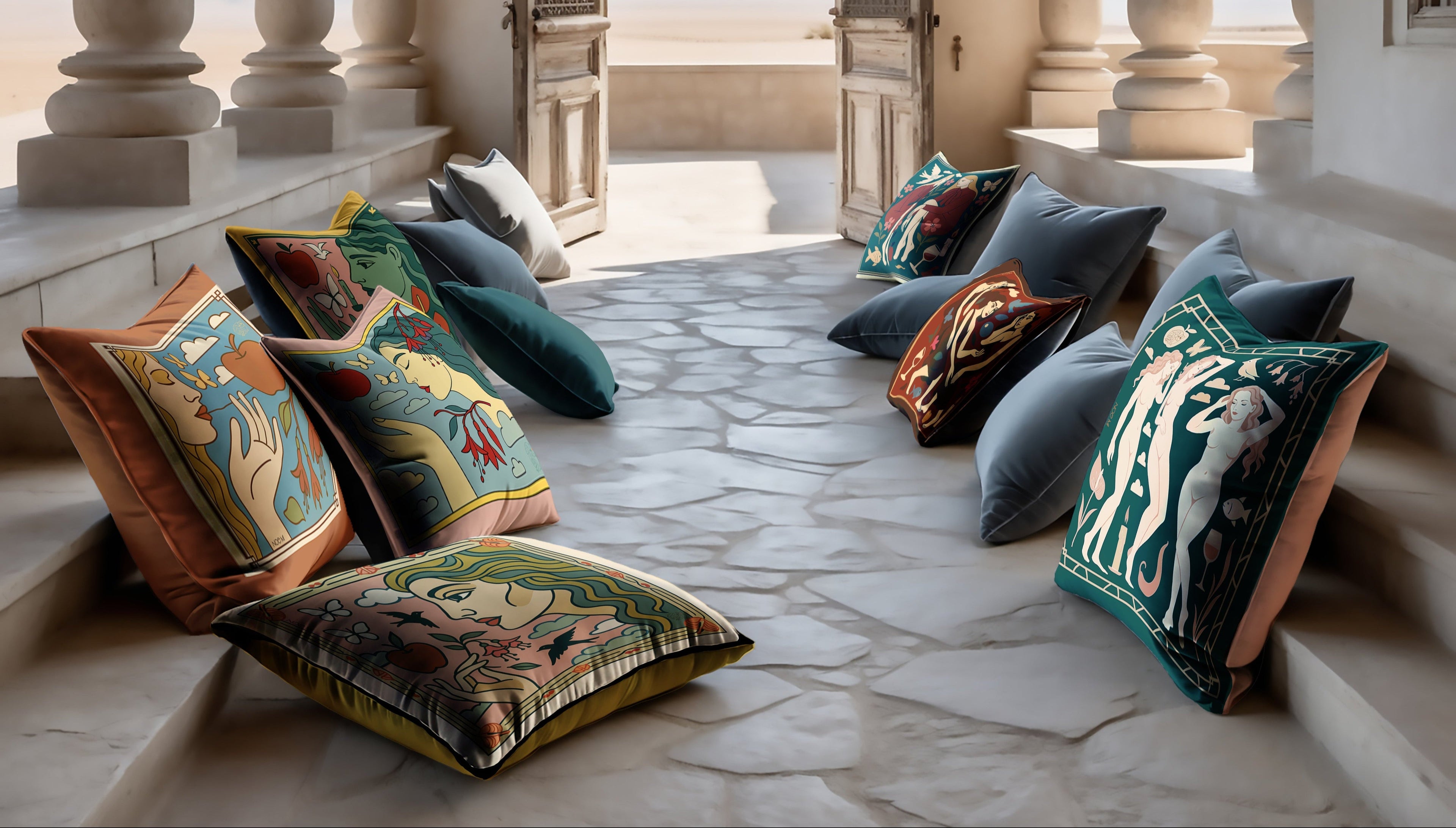 Decorative NOE MI velvet luxury pillows / cushions on a stone floor with columns and a scenic view in the background