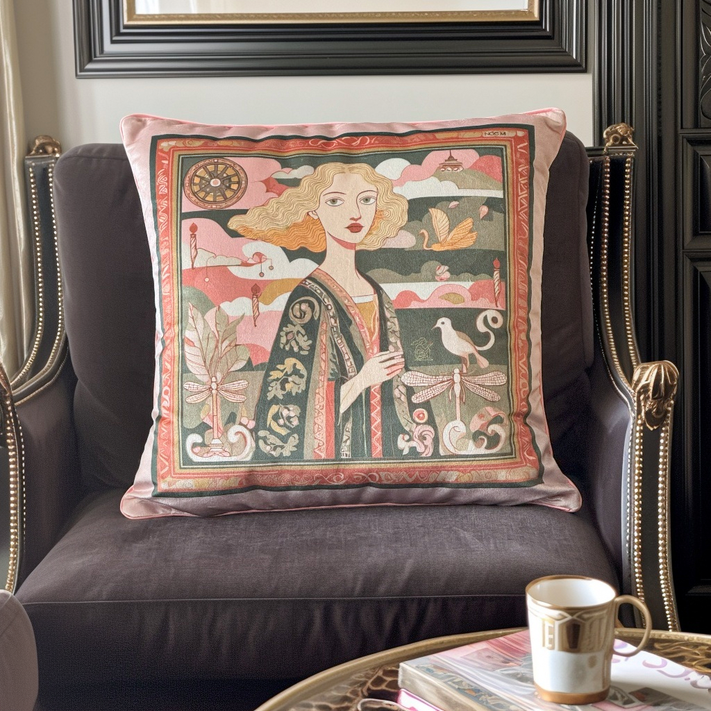 a Luxury  square cushion with an art print of a woman in flowing green gown with symbolic elements surrounding , design by NOE MI