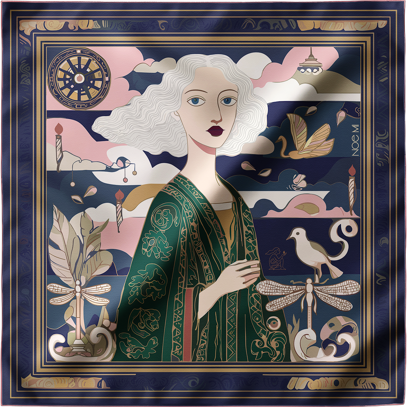NOE MI luxury silk scarf Golden Threads Emerald in emerald green and soft neutral palette with symbolic elements, styled as a statement square scarf for high end fashion lovers.