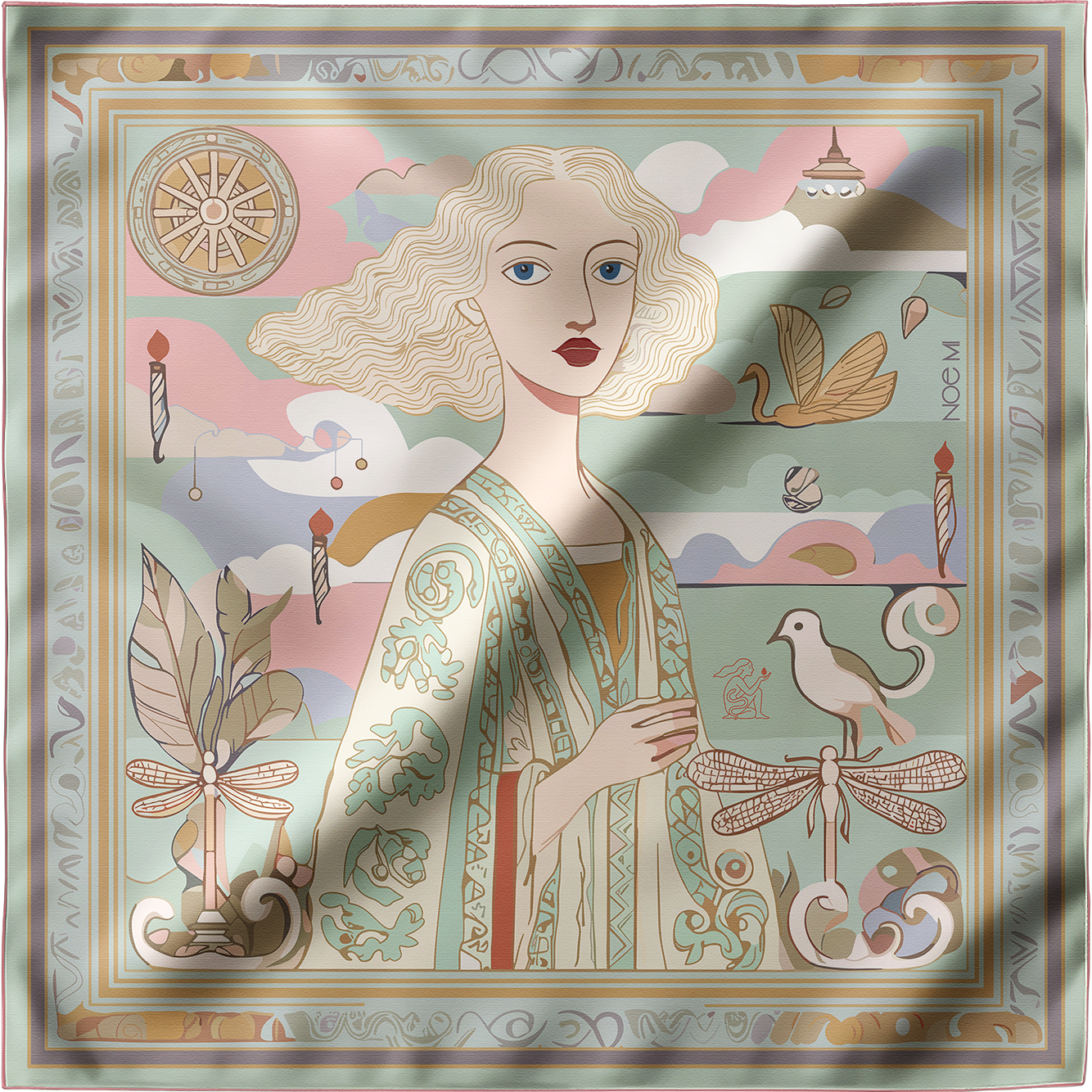 A NOE MI Silk scarf by Noemi Safir 

NOE MI Golden Threads Square Scarf Mint is a designer silk scarf featuring a central feminine figure with dragonflies, candles, birds, and symbolic details in a light pastel palette.