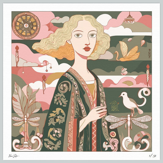 Artistic illustration of a woman with decorative elements and symbols in the background