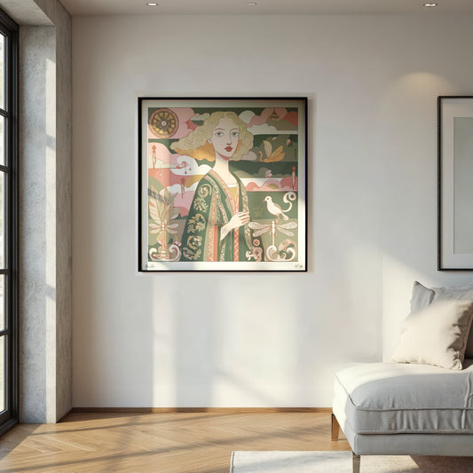 Framed artwork on a wall in a modern living room with a sofa.