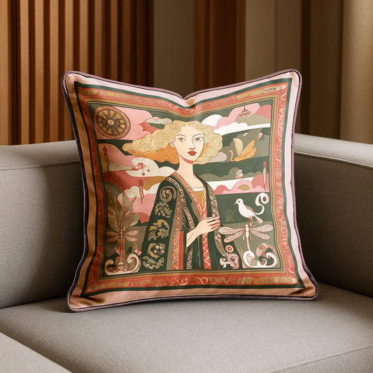 Decorative velvet art pillow / cushion by NOE MI with artistic design on a sofa