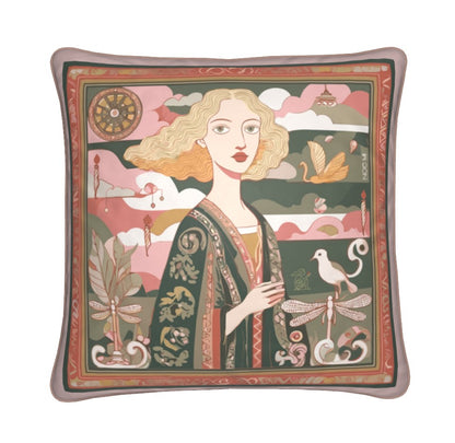 Decorative throw pillow with a woman's portrait and nature elements, luxurious design by NOE MI