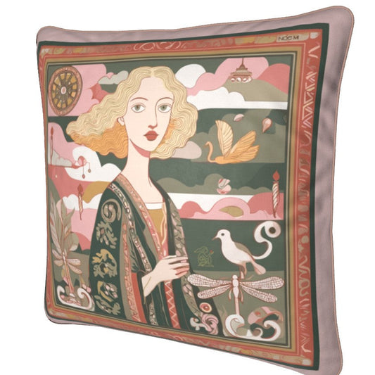 Decorative luxury velvet pillow / cushion by NOE MI with artistic design of a woman and nature elements on a white background