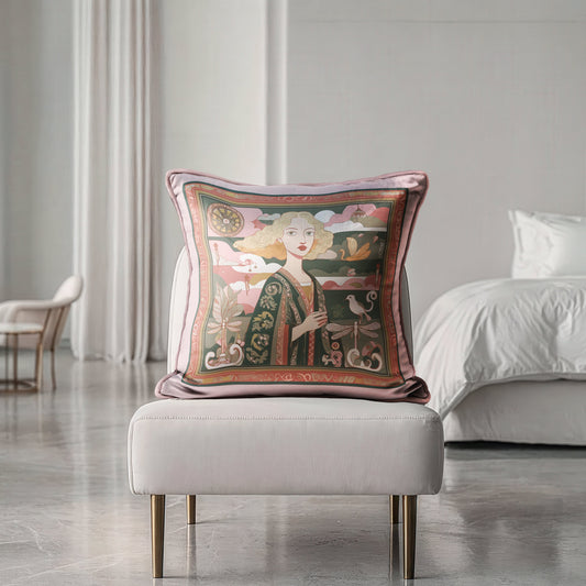 Luxury velvet shimmer cushion with art print of woman in flowing green gown and symbolic elements, design by NOE MI