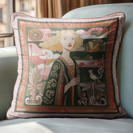 Decorative throw pillow with a woman's portrait and nature elements, luxurious design by NOE MI