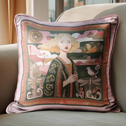 Decorative throw pillow with a woman's portrait and nature elements, luxurious design by NOE MI