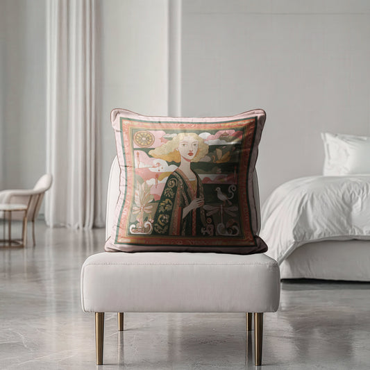 Luxury velvet shimmer cushion with art print of woman in flowing green gown and symbolic elements, design by NOE MI