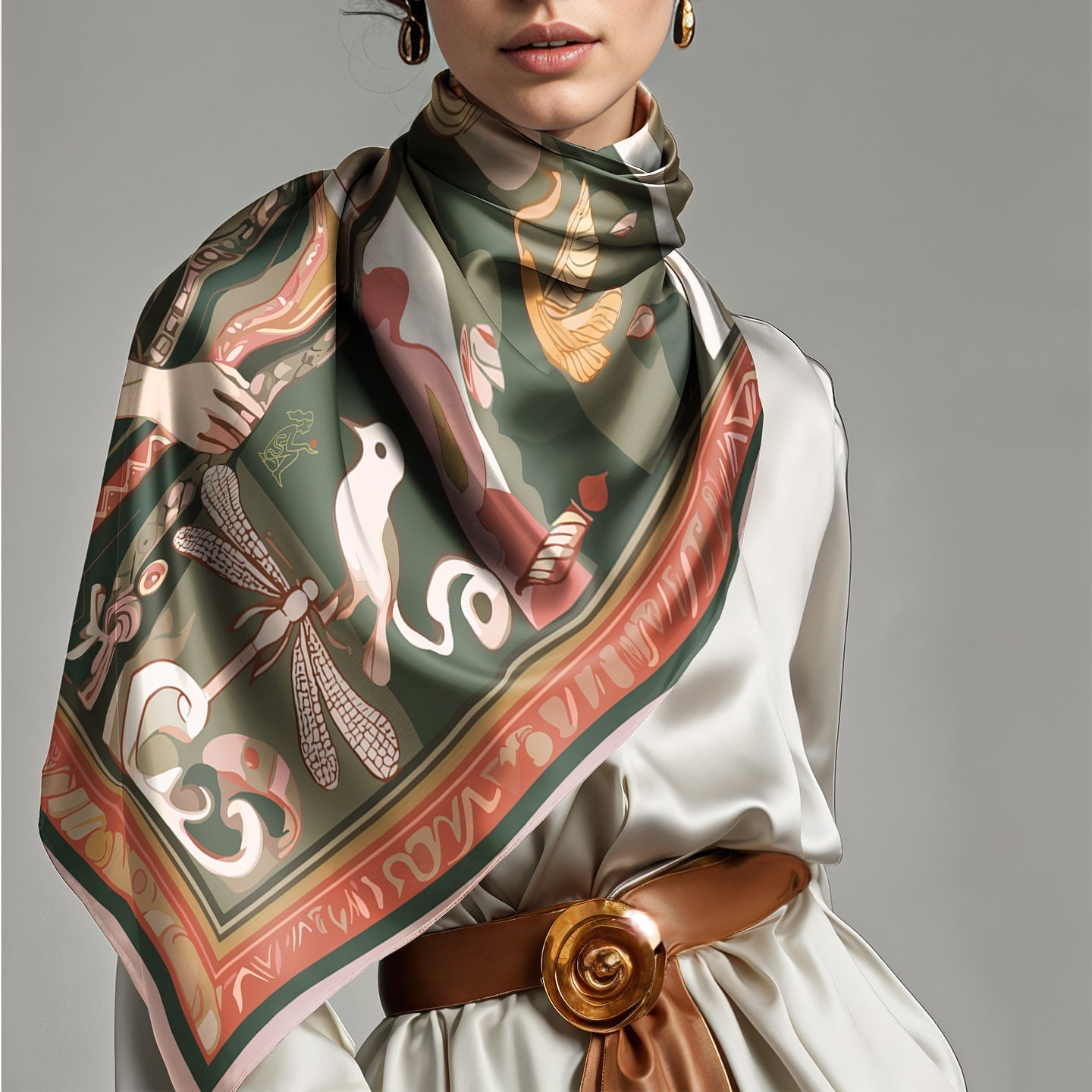 Designer silk scarf Golden Threads by NOE MI, luxury square scarf in soft pink and olive palette, feminine surreal design with symbolic storytelling.
