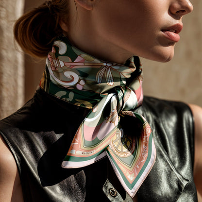 Woman wearing a patterned Luxury art silk twill scarf by NOE MI  