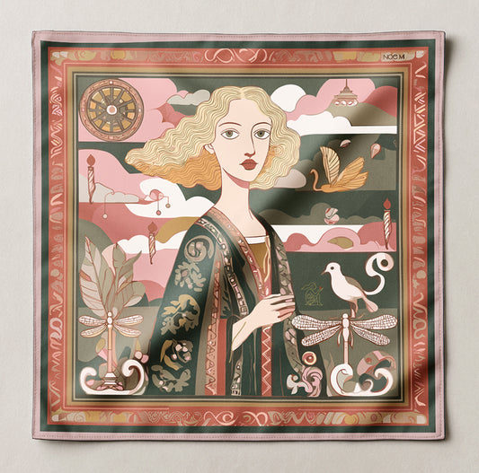 Decorative Luxury art silk twill scarf by NOE MI with a stylized portrait of a woman and nature elements on a plain background by NOE MI