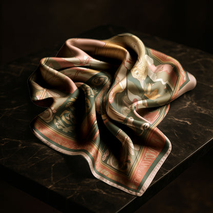 Decorative Luxury art silk twill scarf by NOE MI  with intricate patterns on a dark surface