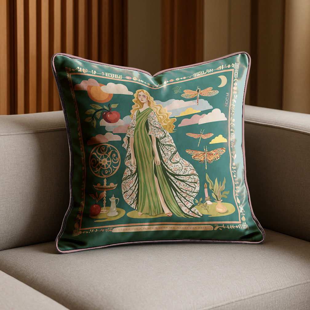 Luxury velvet cushion by NOE MI, Gown Stories artwork in green and terracotta palette, square pillow with artistic design for homes across the world.