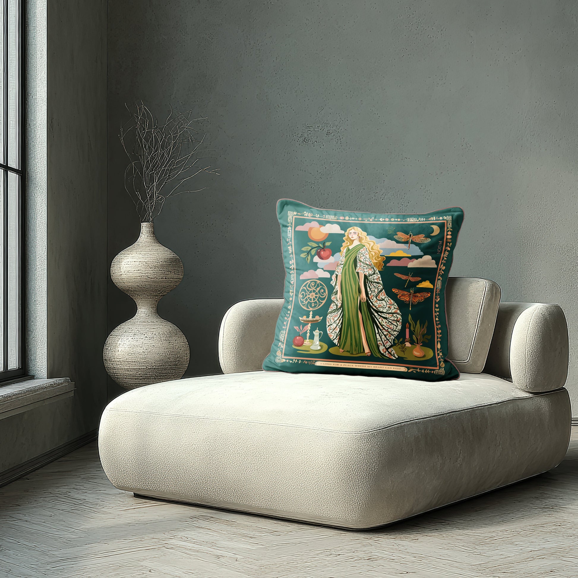 Gown Stories velvet cushion from NOE MI, artistic square pillow with figurative feminine storytelling, green gown illustration and symbolic motifs.