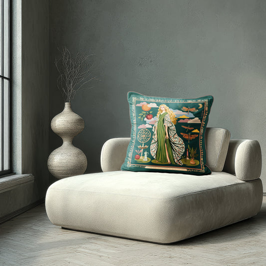 Gown Stories velvet cushion from NOE MI, artistic square pillow with figurative feminine storytelling, green gown illustration and symbolic motifs.