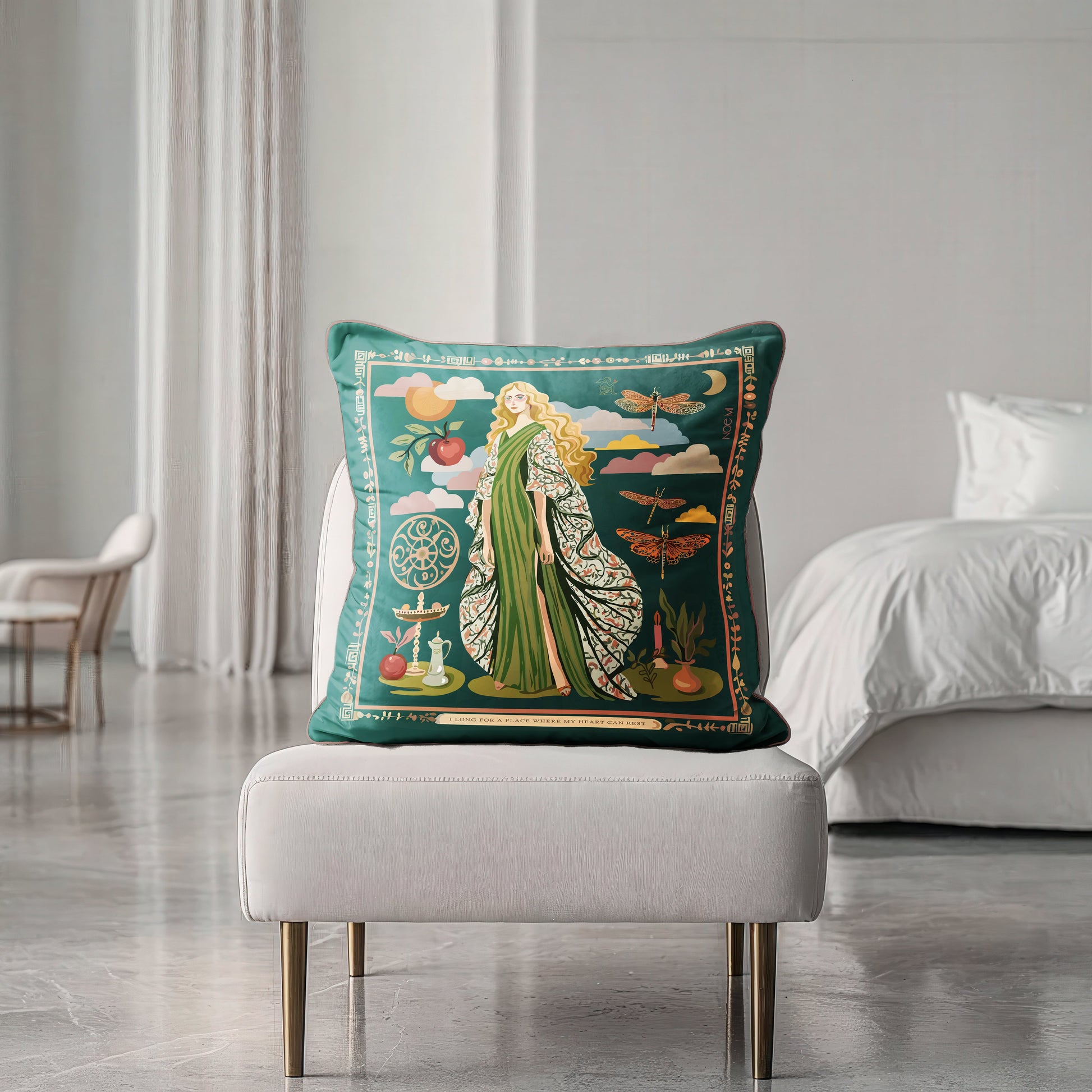 NOE MI luxury decorative cushion, Gown Stories artwork with symbolic female figure, dragonflies, and apple, velvet designer pillow for global interiors.