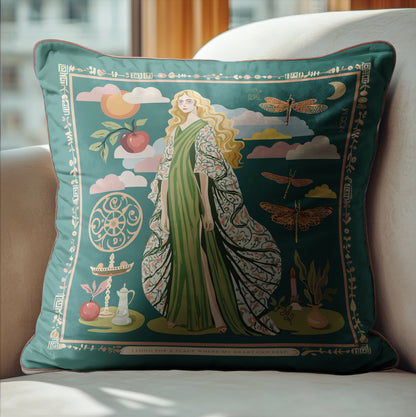 NOE MI Gown Stories luxury velvet cushion in green, ivory, and terracotta, featuring feminine figurative artwork with dragonflies and apple, designer decorative pillow for homes worldwide.