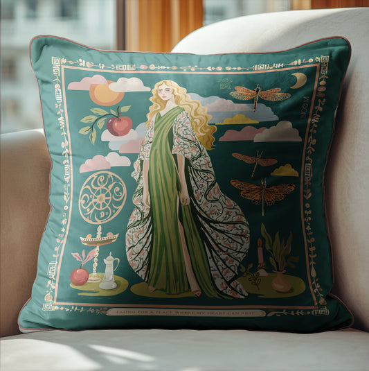 NOE MI Gown Stories luxury velvet cushion in green, ivory, and terracotta, featuring feminine figurative artwork with dragonflies and apple, designer decorative pillow for homes worldwide.