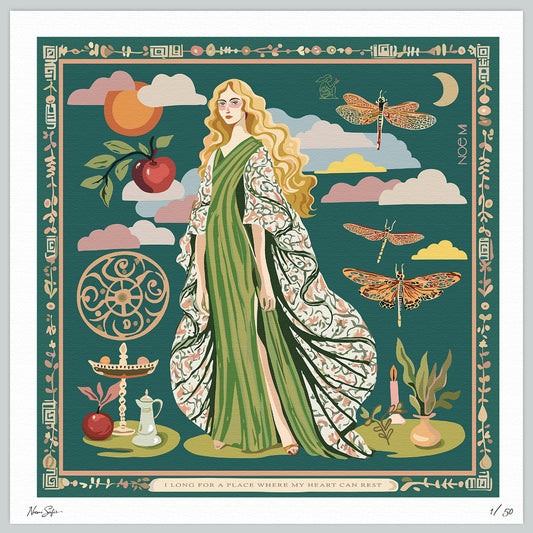 NOE MI Gown Stories fine art print on archival paper, featuring feminine figurative artwork with dragonflies, apple, and symbolic motifs, collectible wall art for homes worldwide.