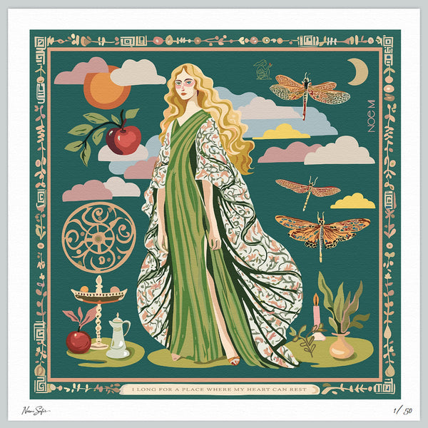 NOE MI Gown Stories fine art print on archival paper, featuring feminine figurative artwork with dragonflies, apple, and symbolic motifs, collectible wall art for homes worldwide.