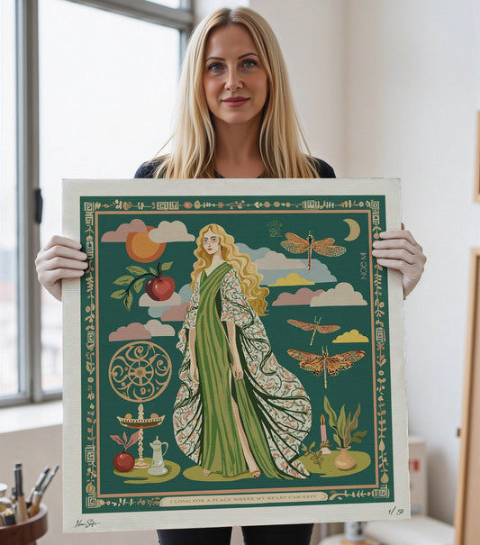 Gown Stories art print by NOE MI, museum-quality archival paper in green, ivory, and terracotta tones, surreal feminine storytelling illustration for global collectors.