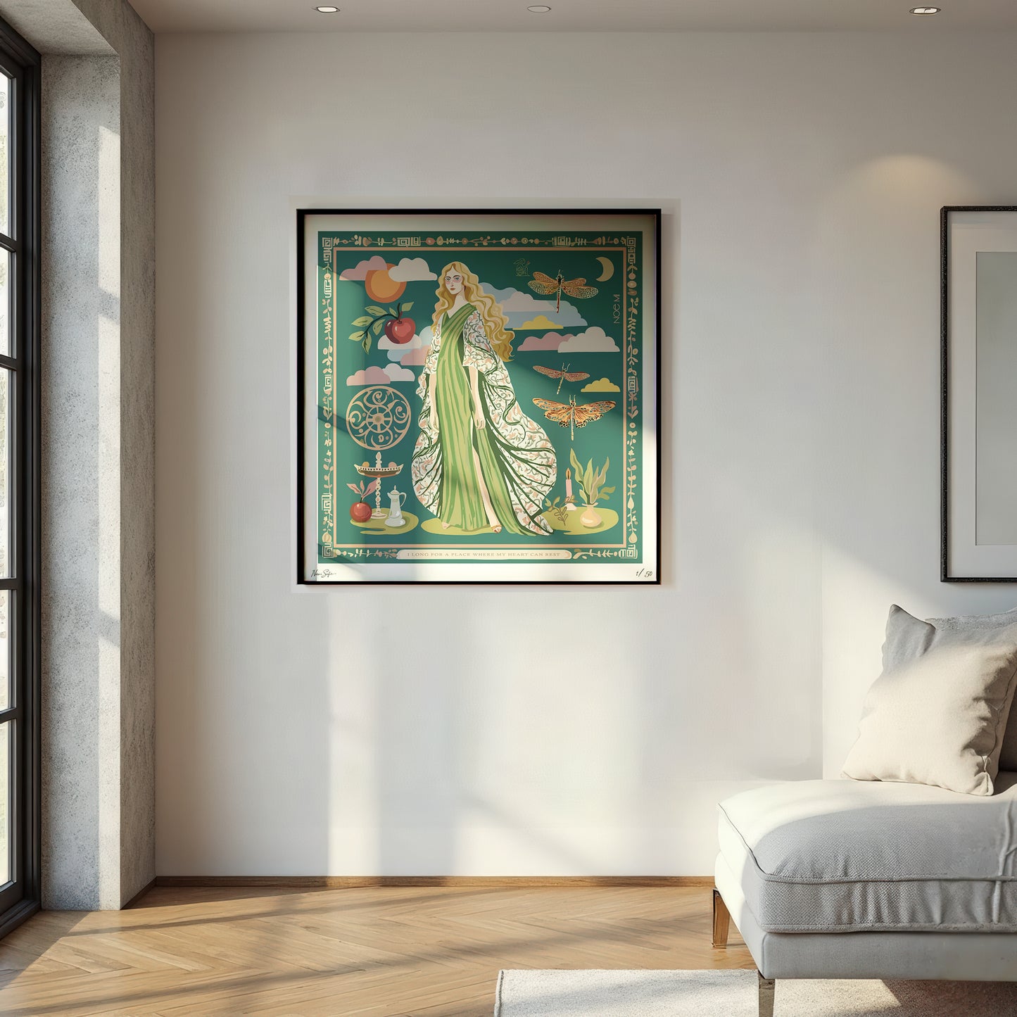 NOE MI limited edition art print, Gown Stories design with symbolic female figure, dragonflies, and apple, premium wall décor for international interiors.