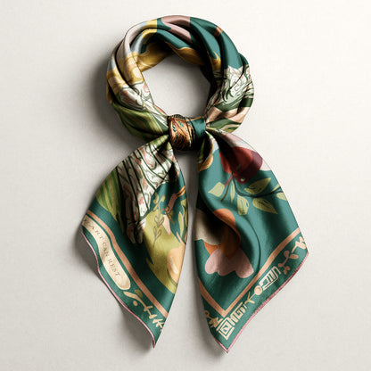 High-end silk twill scarf by NOE MI, Gown Stories design in green, ivory, and golden details, combining surreal artwork with luxury fashion, international fashion accessory.
