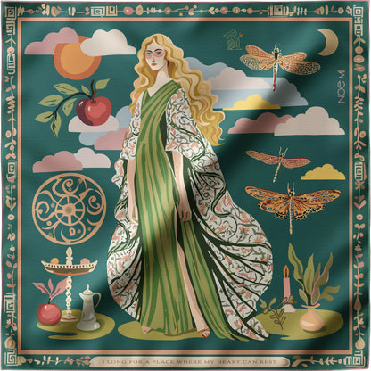 NOE MI Gown Stories luxury silk twill scarf in green, ivory, and terracotta, featuring figurative woman artwork with dragonflies, apple, and symbolic motifs, designer accessory for women worldwide.