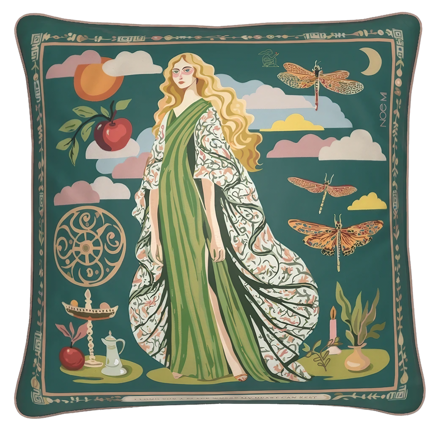 a luxurious decorative pillow featuring artwork with symbolic female figure, dragonflies, and apples, a velvet designer high end cushion for global interiors by NOE MI