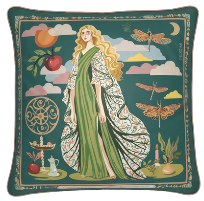 a luxurious decorative pillow featuring artwork with symbolic female figure, dragonflies, and apples, a velvet designer high end cushion for global interiors by NOE MI