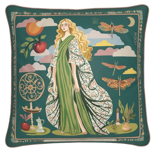 a luxurious decorative pillow featuring artwork with symbolic female figure, dragonflies, and apples, a velvet designer high end cushion for global interiors by NOE MI