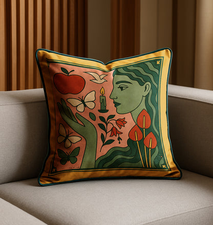A square luxury velvet pillow/cushion in pink and green with a printed design featuring a woman's face, butterflies, a candle, and flowers in a mix of green and gold colors.