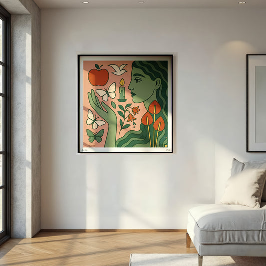 Colorful  Limited Edition NOE MI wall art print on a wall in a modern living room.