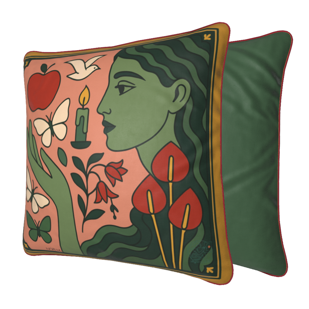 NOE MI designer velvet cushion, soft velvet square pillow with collectible print, crafted for elegant homes and global décor lovers.