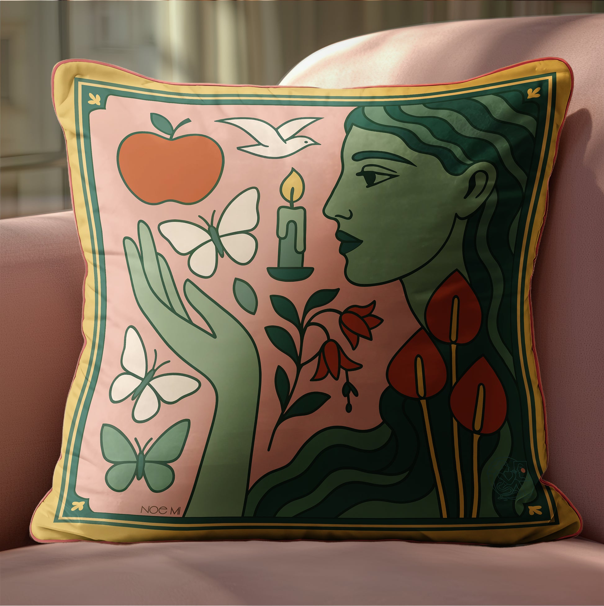 NOE MI velvet pillow, square decorative cushion with unique wearable-art inspired design, luxury home accessory for collectors worldwide.