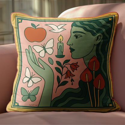 NOE MI velvet pillow, square decorative cushion with unique wearable-art inspired design, luxury home accessory for collectors worldwide.
