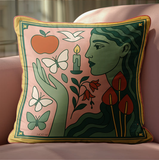 NOE MI velvet pillow, square decorative cushion with unique wearable-art inspired design, luxury home accessory for collectors worldwide.