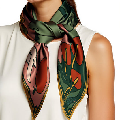Woman wearing a colorful NOE MI luxury art silk twill scarf  with floral pattern on a plain background
