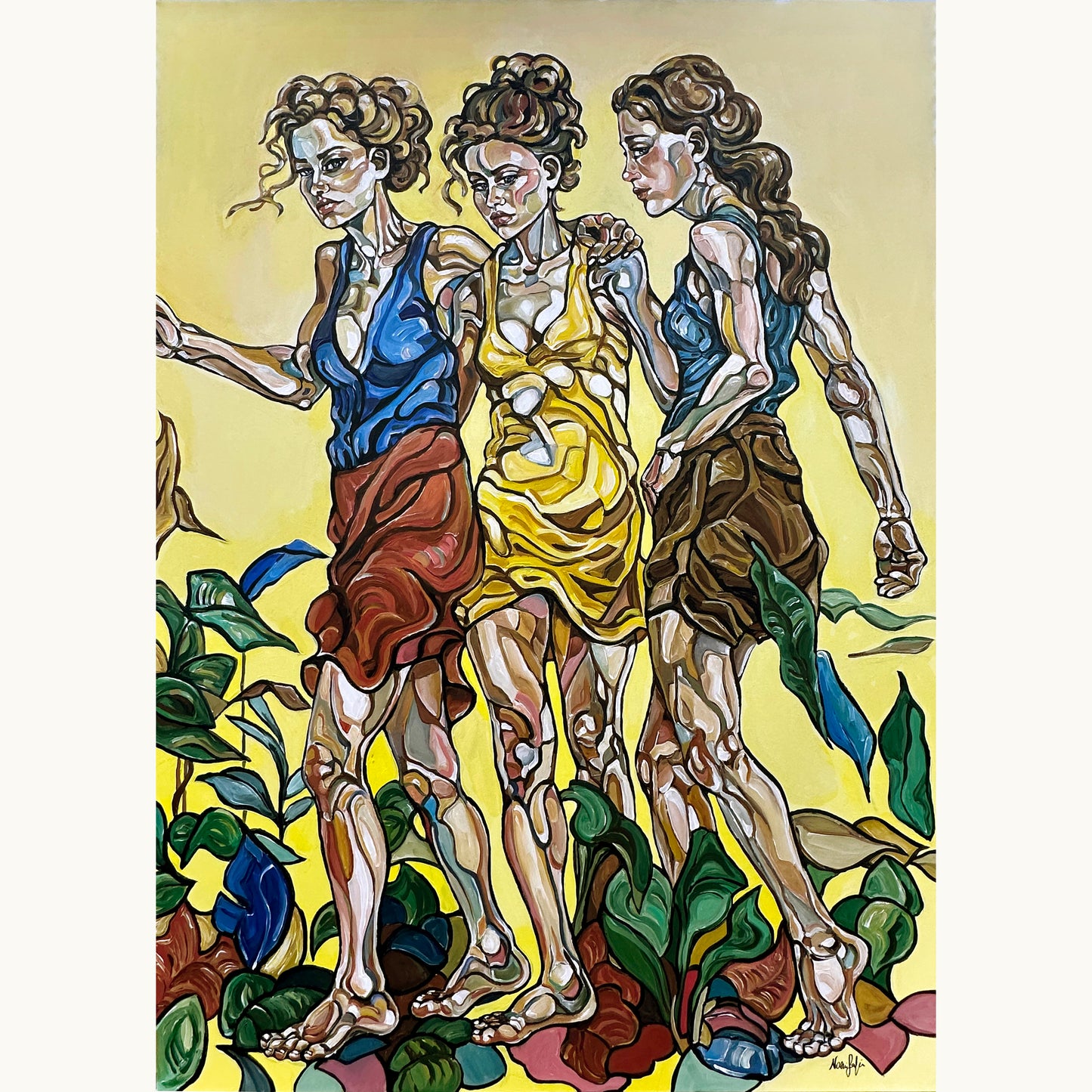 Original painting Hollow Fall by Noemi Safir, acrylic on canvas with three female figures standing in a vivid yellow landscape
