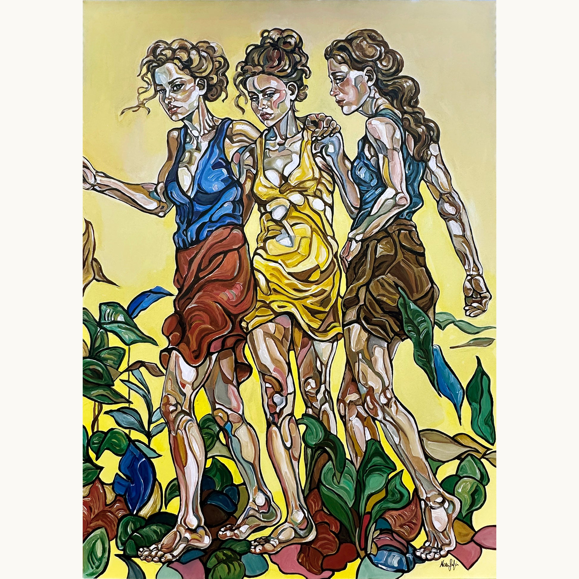 Original painting Hollow Fall by Noemi Safir, acrylic on canvas with three female figures standing in a vivid yellow landscape