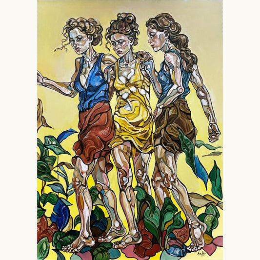 Original painting Hollow Fall by Noemi Safir, acrylic on canvas with three female figures standing in a vivid yellow landscape