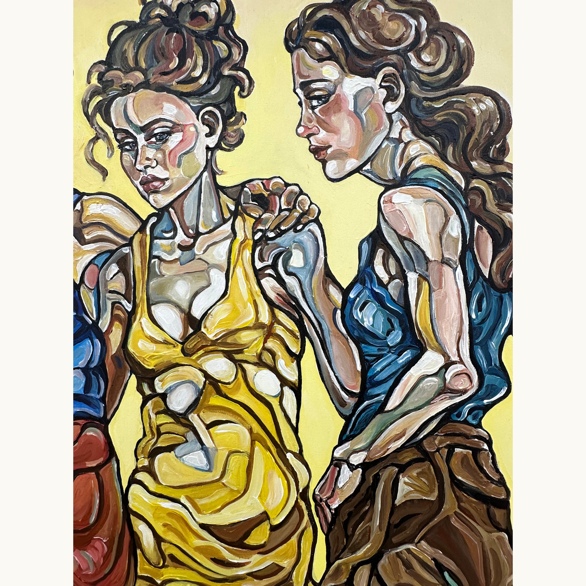 Contemporary figurative painting by Noemi Safir featuring three female figures, yellow background, and organic leaf forms