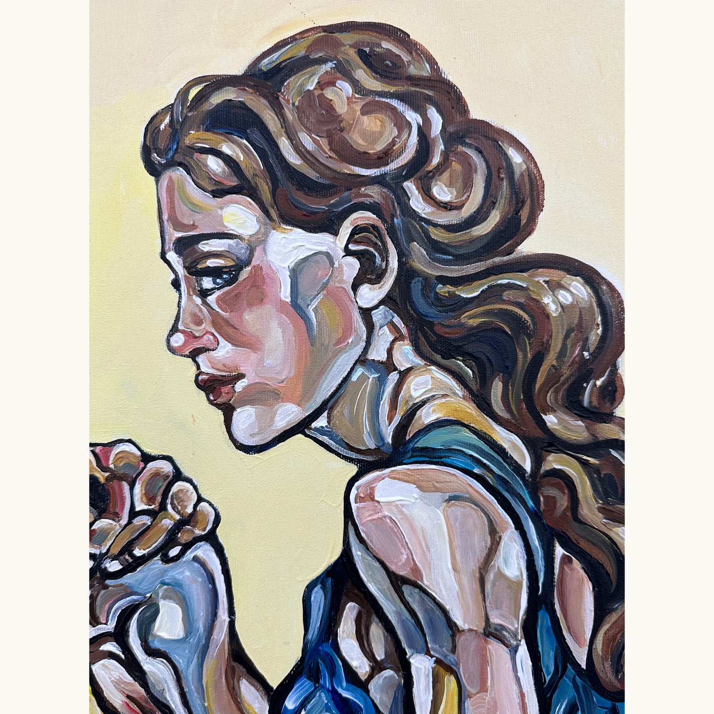 Collectible original painting by Noemi Safir with three female figures, expressive anatomy, and a contemporary psychological group composition