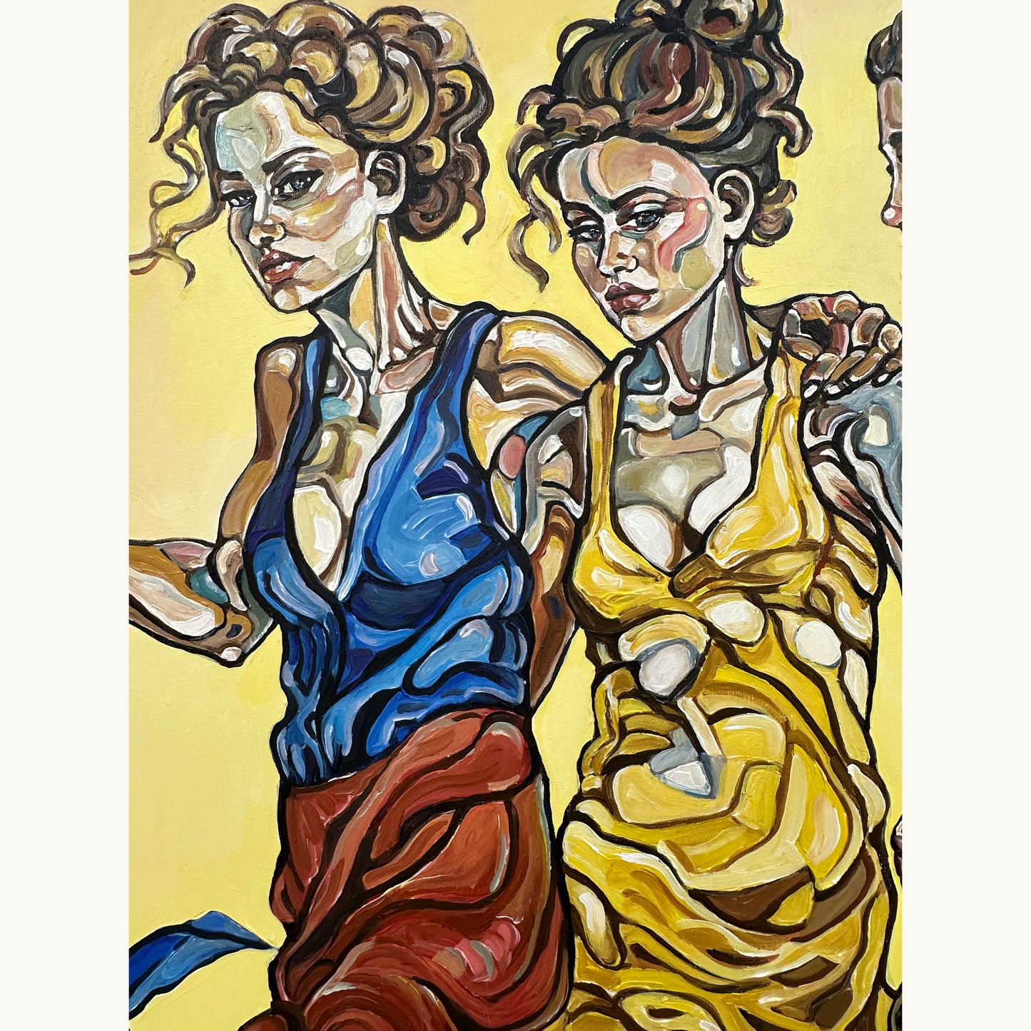 Original acrylic on canvas painting by Noemi Safir with a female group portrait, elongated bodies, and bold yellow and green color contrasts