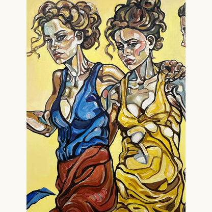 Original acrylic on canvas painting by Noemi Safir with a female group portrait, elongated bodies, and bold yellow and green color contrasts