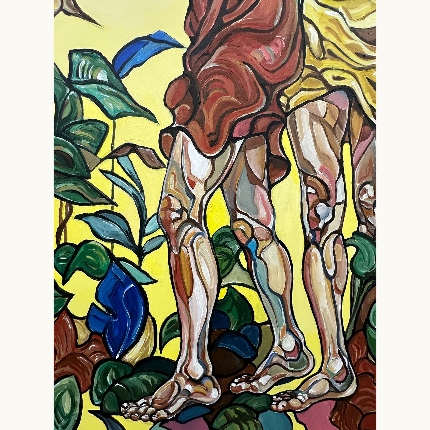 Contemporary fine art painting by Noemi Safir showing three standing women surrounded by leaves and organic painted shapes