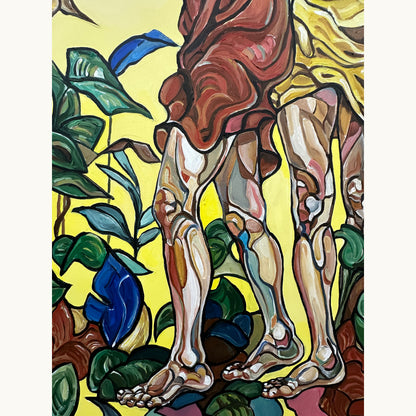 Contemporary fine art painting by Noemi Safir showing three standing women surrounded by leaves and organic painted shapes