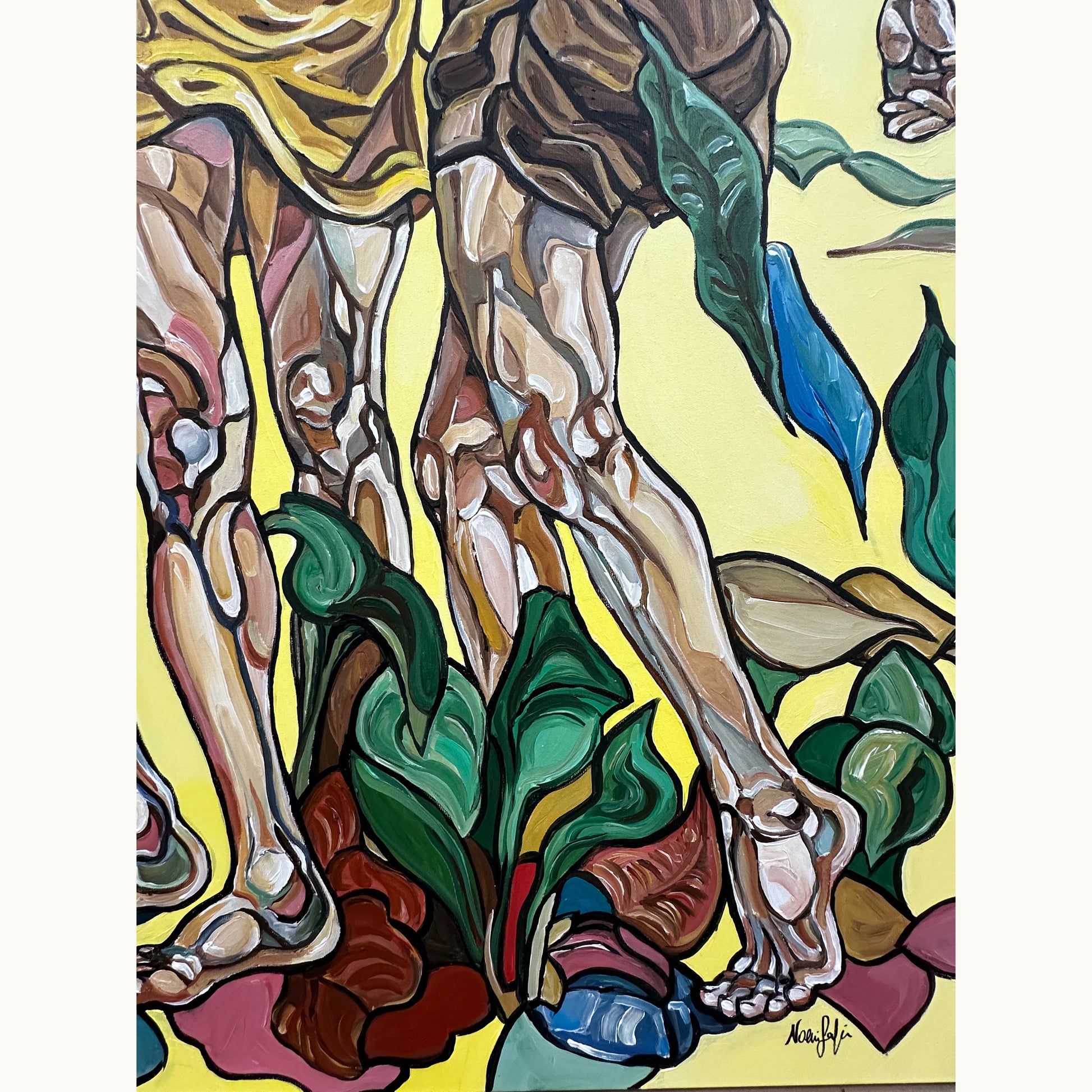 Female figurative artwork by Noemi Safir showing three women standing together in a symbolic landscape with lush green plants