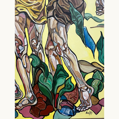 Female figurative artwork by Noemi Safir showing three women standing together in a symbolic landscape with lush green plants